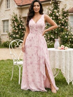 Elegant Pink Floral V-Neck Evening Dress